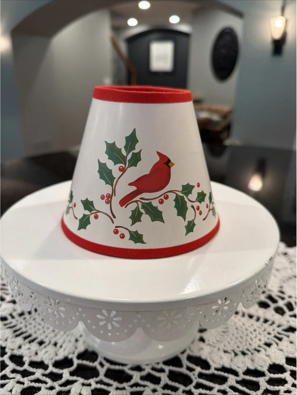 Vtg Christmas Clip On Mini Lamp Shade Cardinal & Holly Berries 4x5”